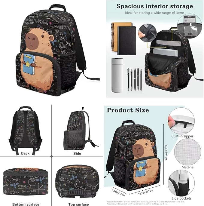 Ystardream Cute Capybara Backpack and Lunch Bag Set for Girls Elementary School Backpack Set 17 Inch for Kids Large & Lightweight Middle Primary Bookbags Suitable for Campling and School Use