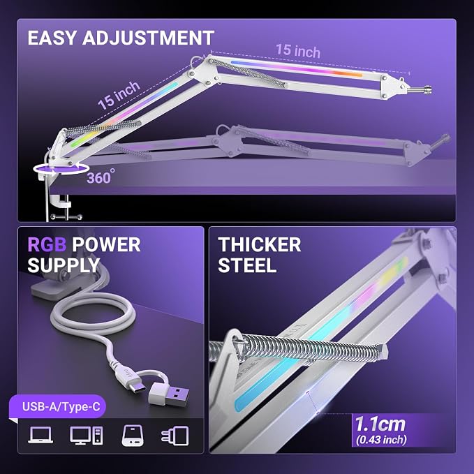 FIFINE Microphone Boom Arm, Heavy Duty Mic Arm with Controllable RGB Light,C-Clamp,Gaming Desktop Mic Mount Capacity for AM8,Studio Podcasting,Recording,Streaming-BM38W