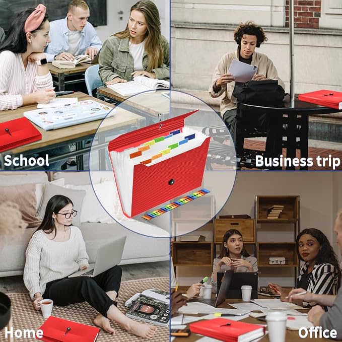 Expanding File Folder, 13 Pockets Accordian File Holder Organizer, A4 Letter Size Paper Document Receipt Organizer Accordion Filing Folder for Classroom, Home, Office and Travel, Red