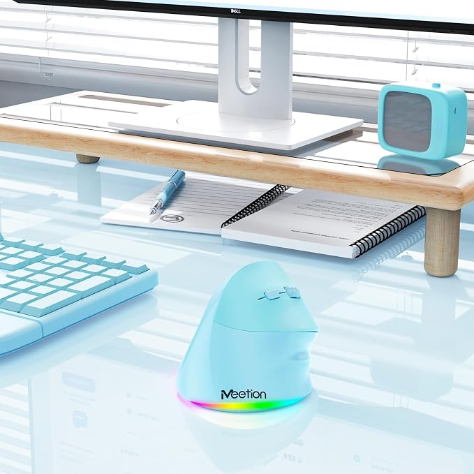 MEETION Ergonomic Mouse, Wireless Vertical Mouse RGB Backlit Rechargeable Mice for Bluetooth(5.2 + 3.0) & USB, 4 Adjustable DPI Mac/Windows/Andriod/PC/Tablet/iPad Blue