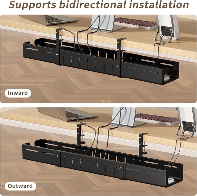 Under Desk Cable Management Tray,Expandable 25.2Inch – 38Inch,Black | Heavy Duty Carbon Steel,Cable Tray with No Drill Clamp Mount,Adjustable Under Desk Cord Management for Office Home,Rustproof
