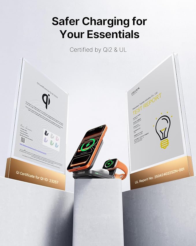 INIU 3 in 1 Foldable Wireless Charging Station, Original Qi2 Certified 15W Fast Mag-Safe Charger Stand for iPhone 17 16 15 14 13 12, Apple Watch, AirPods, Ideal for Travel Office Desk Accessories