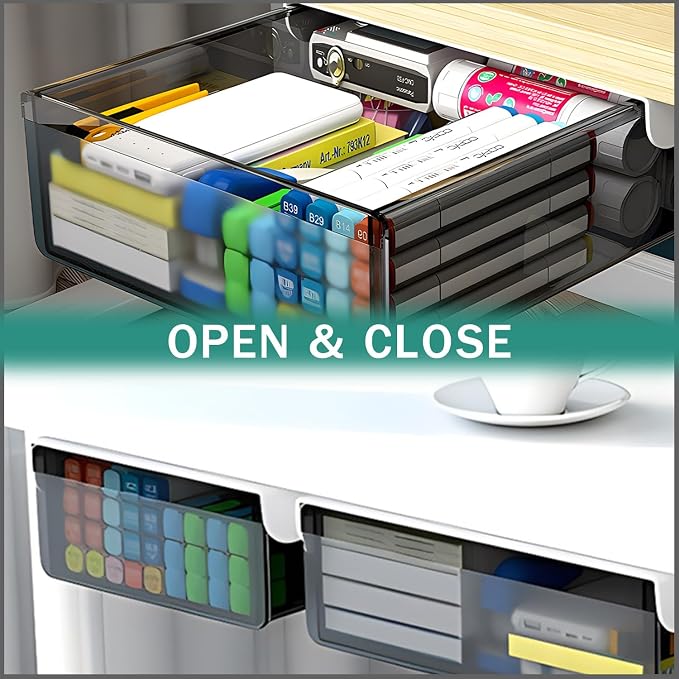 SVNNELP Under Desk Table Drawer Storage Organizer Slide Out, Attachable Hidden Self-Adhesive Under Desk Pencil Tray Drawer for Office/Classroom/Home (Clear Black/M)