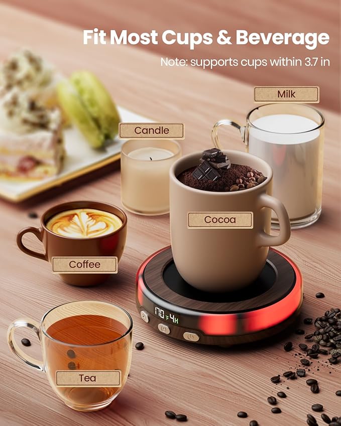 Gaiatop Coffee Mug Warmer for Desk, 3 Temp Settings, 2-9Hrs Timer, 3 Colorful Romantic Atmosphere Light Modes, Stocking Stuffers, Beverage Heating Plate with Digital Display for Candle Tea Milk Wood