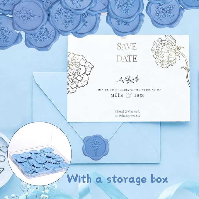 60Pcs Wax Seal Stickers, Wedding Invitation Envelope Seal Stickers Adhesive Backed Dusty Blue for Baby Shower, Wedding, Party, Gift Wrapping (4 Leaf Styles)