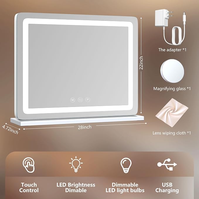 Gvnkvn Makeup Vanity Mirror with USB Charging Port 28" x 22" Large LED Makeup Mirror, Desk Mirorr with Lights, Light up Mirror with 10X Magnification and, Dimmable 3 Modes, Touch Gold