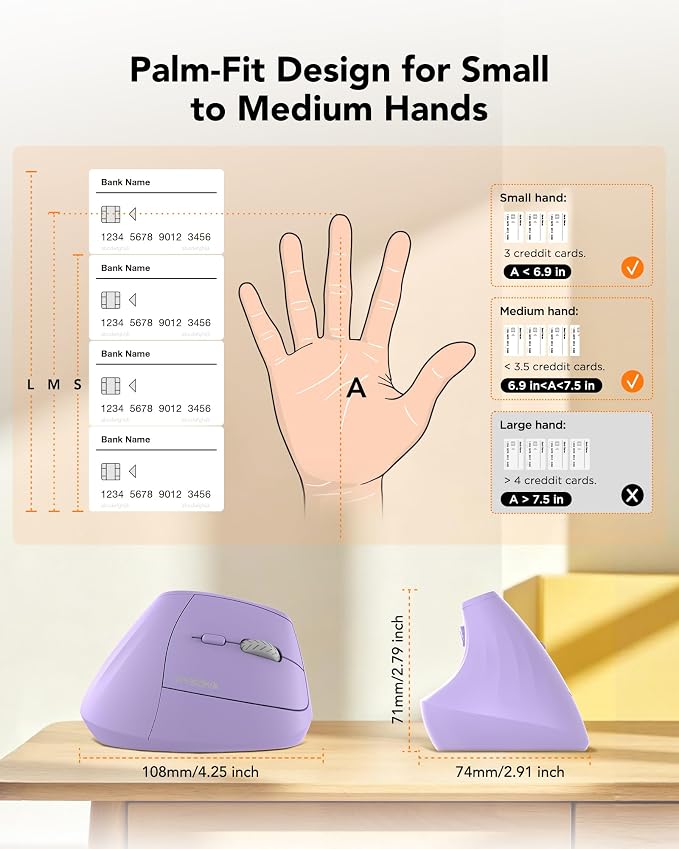 KYSONA Ergonomic Mouse Wireless, Bluetooth Vertical Mouse, 5-Level Adjustable DPI, 2.4G Silent Switch Mice for Windows, MacOS, IPadOS, Laptop, PC, Purple