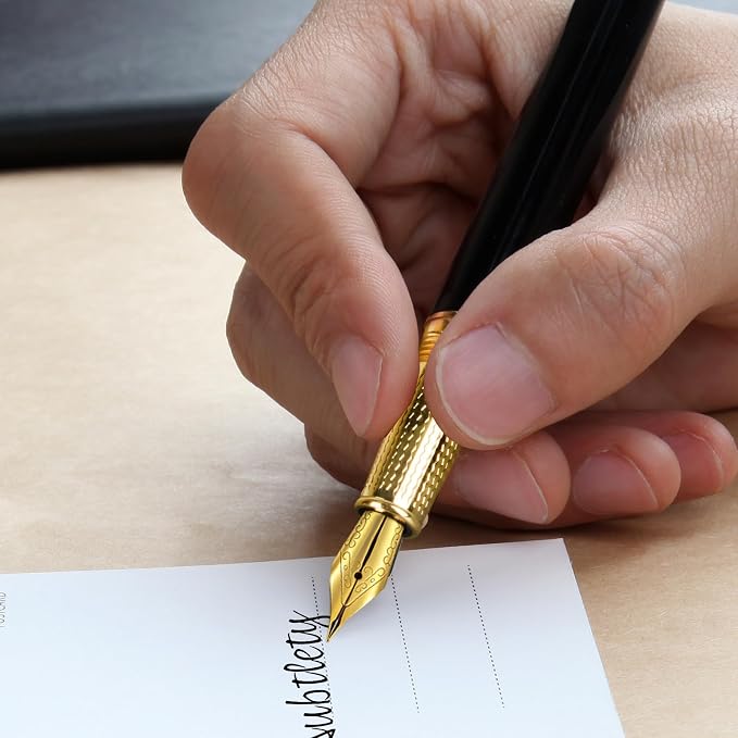 Fountain Pen & Rollerball Pen Set, 2-in-1 Luxury Writing Pen with F Iridium Fountain Pen Nib & 0.5mm Schmidt Rollerball Nib, Refillable Ink Cartridge & Converter, Brass Body with 24K Gold Accents