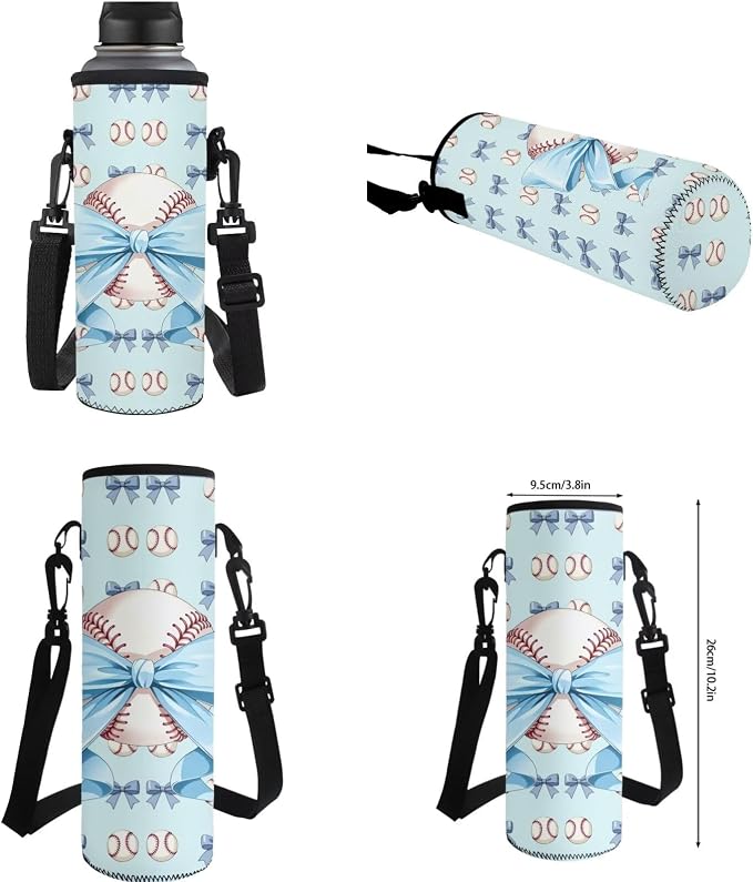 WELLFLYHOM 4 PCS Blue Bow Baseball Backpack for Girls Ages 7-8 | Matching School Bag with Lunch Bag, Pencil Case and Water Bottle Sleeve, Lightweight Daily Storage Backpack for Young Girls