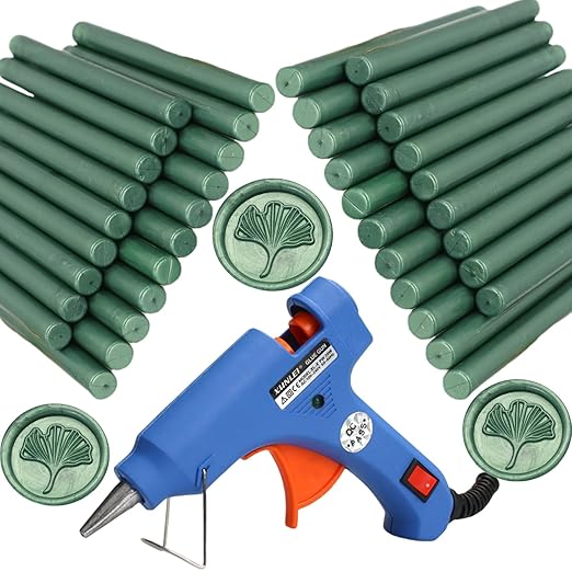Wax Seal Kit, Atopbb 40Pcs Olive Green Sealing Wax Sticks with Glue Gun Great for WaxSeal Stamp, WaxSeal Sticks Used for Wedding, Invitations and Gift Wrapping (40, Olive Green)