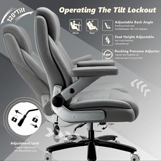 650LBS Big and Tall Office Chair with 5D Flip Arms and Thick Pocket Spring Cushion,Extra Wide Heavy Duty Office Chair&Adjustable Lumbar Support,Large High Back Computer Chair Dual Rubber Wheel (Grey1)