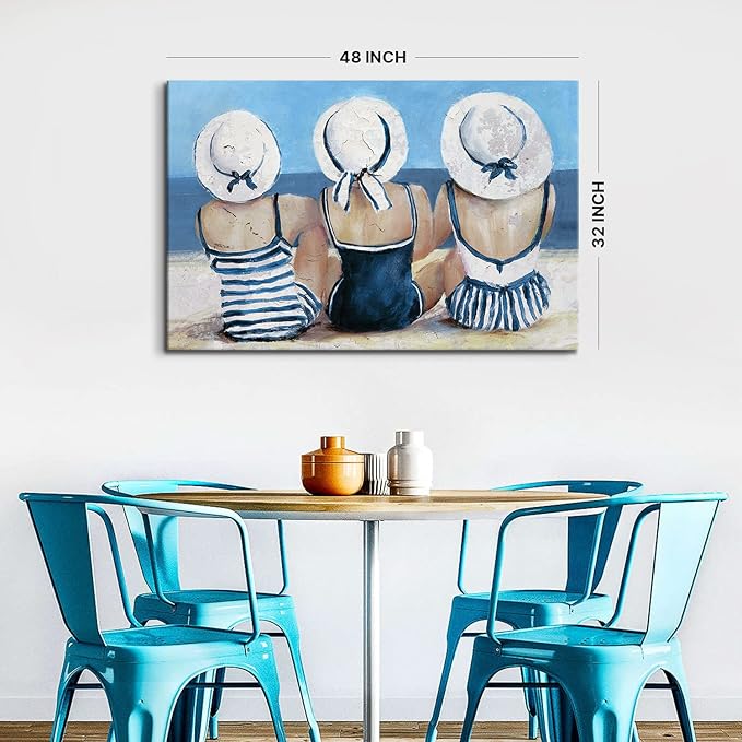 Coastal Beach Girls Wall Art Vintage Ocean Pictures Beach Wall Decor for Bathroom Bedroom Navy Blue and White Swimsuit Canvas Paintings Girl Friends Sun Bathing Artwork Living Room Home Decoration