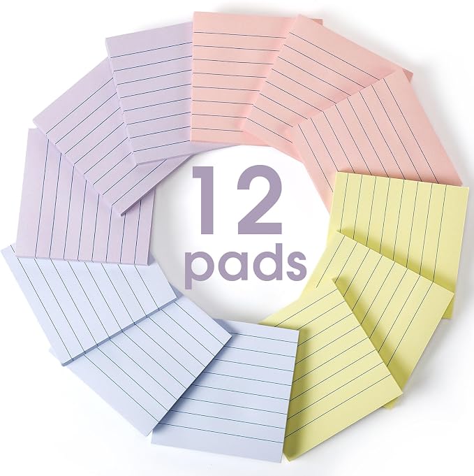 AmazingSpark 12 Pack Pastel Lined Sticky Notes 3x3 Inch Post Ruled Stickies Super Self Stick Power Memo Pads Multi Colors Notes Pads Vintage Aesthetic School Office Supplies Accessories