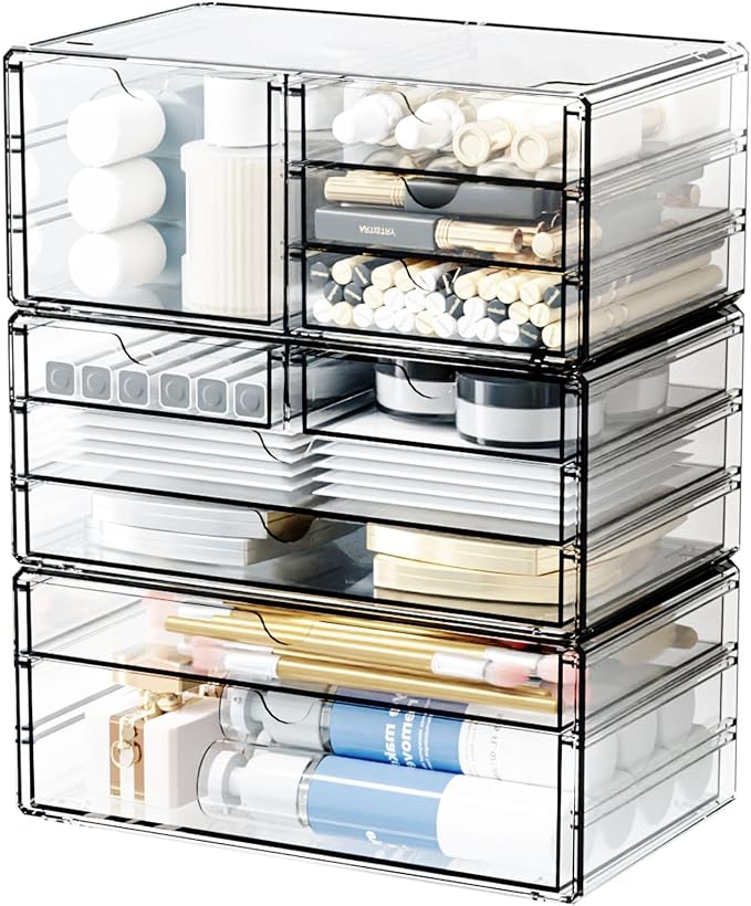 3Pack Clear Drawer Organizers Stackable,Acrylic Storage Drawers With 10 Drawers,Multipurpose Office Supply Organizer and Makeup Organizer for Beauty,Craft,Pen,Medical,Stationary Desk Organizers