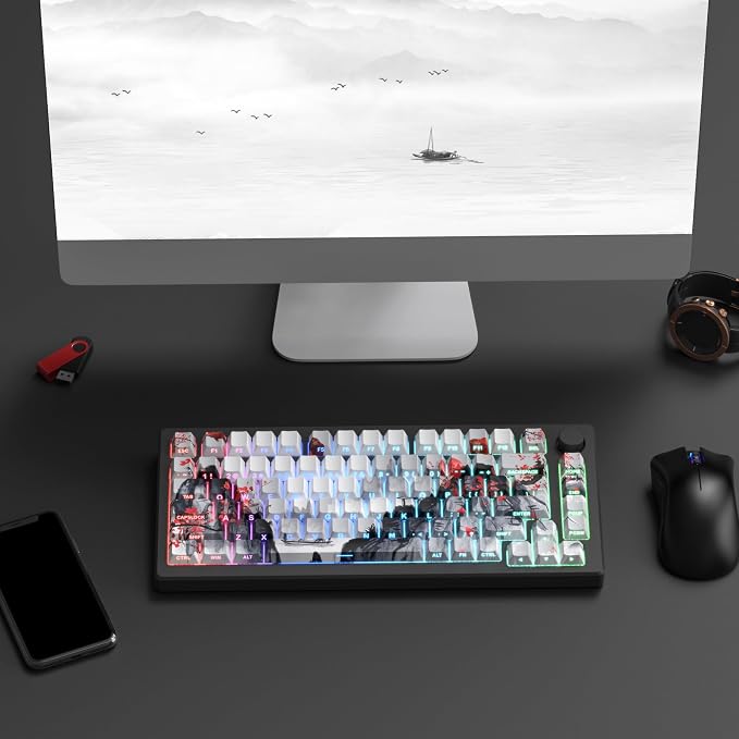 Womier PBT Keycaps Set 130 Keys, Custom White Japanese Keyboard Doubleshot Dye Sub Side Print Shine Through Keycaps 60 65 75 100 Percent, Cherry Profile (Plum Blossom)