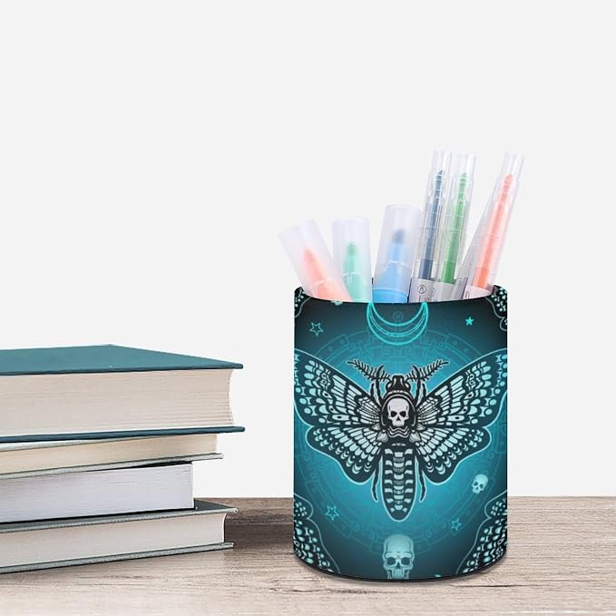 Moth Pen Holder for Desk PU Pencil Cup Organizer | Round Desks Makeup Brush Holder for School Multifunctional Office Supplies