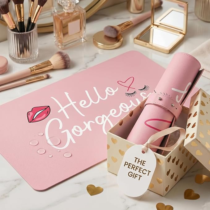 Makeup Mat for Vanity Top Protector, Dual-Sided Vanity Mat Waterproof Dressing Desk Makeup Table Cover Pad Hello Gorgeous (Baby Pink/Silver, 23.6"x11.8")