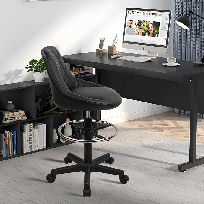 KLASIKA Drafting Chair with Back, Leather Rolling Swivel Stool with Adjustable Height and Footrest, Ergonomic Tall Standing Desk Office Chairs with Wheels for Home Work Shop Kitchen Bar, 4PK
