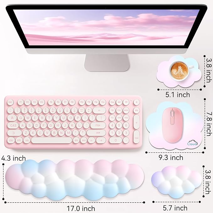 Sushret Cloud Wrist Rest for Computer Keyboard, 4-in-1 Memory Foam Leather Cloud Keyboard Wrist Rest and Mouse Pad Set with Ergonomic Support for Arm and Palm Cushion, Gaming/Work Setup, Rainbow