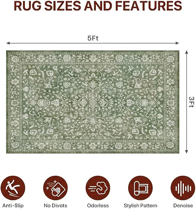 36"x60" Office Chair Mat for Hardwood Tile Floor, Under Desk Carpet Protector for Rolling Computer Chair Mat, Machine Washable Area Rug, Anti-Slip 1/5" Thick Low Pile Thin Vinyl Floor Mat, Sage