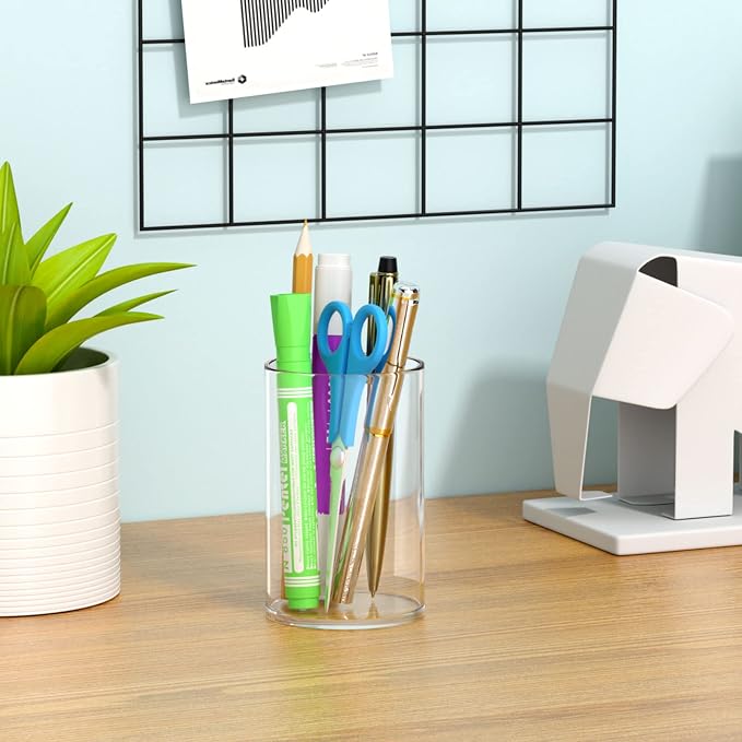 NIUBEE Clear Acrylic Pen Holder for Desk, Round Acrylic Pencil Cup Holder Makeup Brush Organizer, Desk Organizer for Office Desk Accessory - 4 Pack