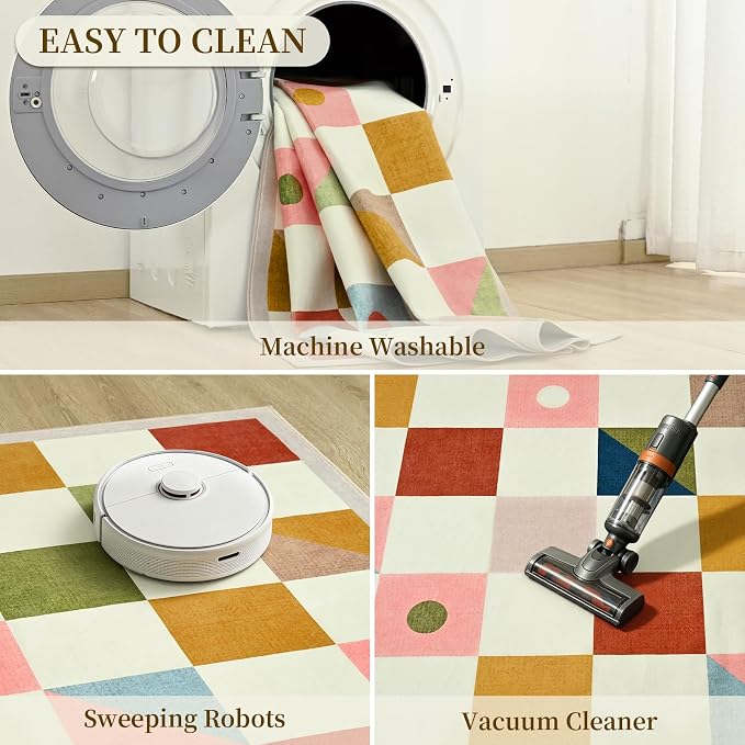 Terrug 3x5 Checkered Rug for Entryway, Multicolored Geometric Area Rugs Washable with Non Slip for Kids Room, Soft Low Pile Stain Resistance Carpet for Kitchen