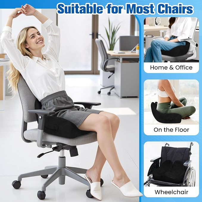 Seat Cushion, Chair Cushions, Memory Foam Office Chair Cushion | Hip & Sciatica & Tailbone Pain Relief, Long Sitting Comfort for Office Chairs/Desk Seats/Wheelchair (X-Large, Black)