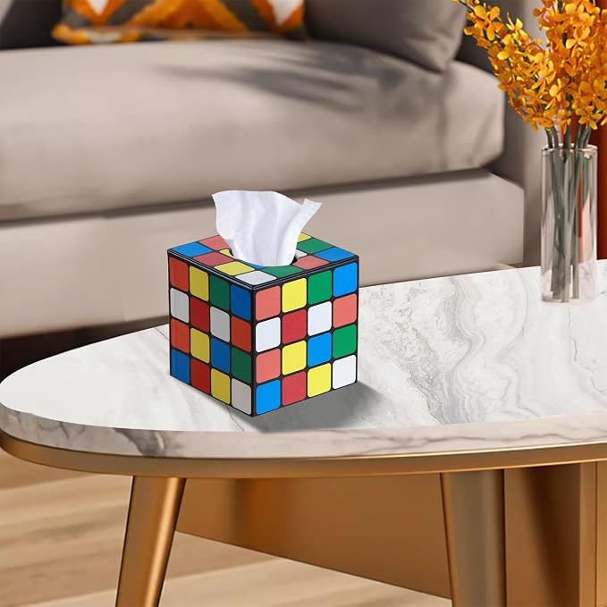 Tissue Box Holder Leather Square Facial Tissue Box Cover Pumping Paper Case Dispenser, Magic Cube Napkin Holder for Bathroom Vanity Countertops, Bedroom Dressers, Night Stands, Desks and Tables