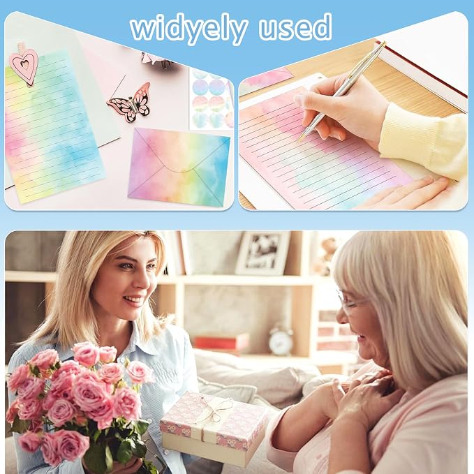 160 Pcs Stationery Paper Envelopes Set Includes 50 Lined Writing Paper & 50 Envelopes with 60 Colorful Round Dot Stickers, Cute Vintage Watercolor Letter Writing Stationery Paper Envelopes(10Style)
