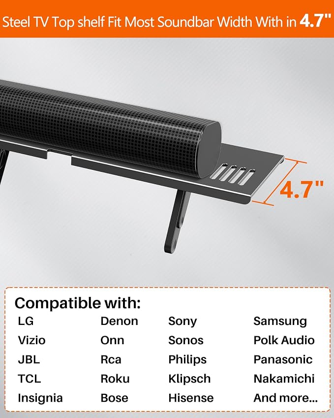 Soundbar Mount, No Drilling Steel TV Top Shelf Fits Most of Sound Bars Up to 15 Lbs, Universal Sound Bar TV Mount Bracket, Sound Bar Stand Compatible with Samsung, Sony, LG,Bose, 16.9x4.7inch