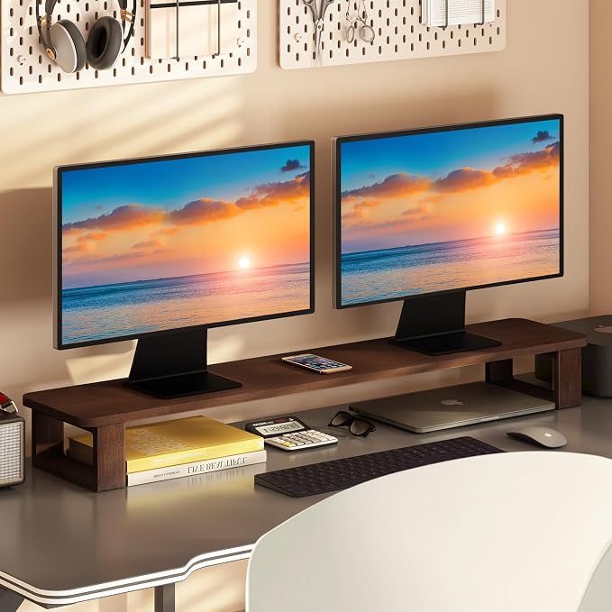 Ufine Dual Monitor Stand Riser 39.3 Inch Wood Desk Shelf Desktop Organizer | 2 Heights Adjustable, Ergonomic Computer Monitor Stand for 2 Monitors, Laptop, TV, Printer