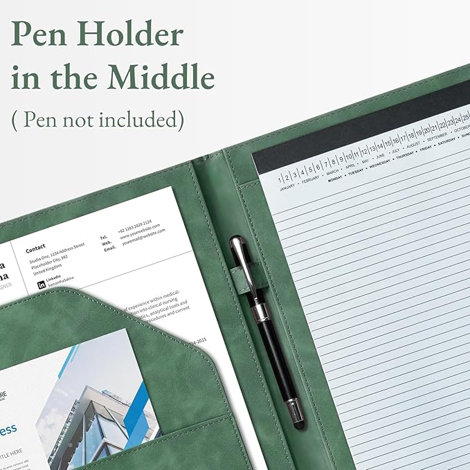 Mymazn Padfolio Portfolio Binder, Faux Leather Interview Resume Folder with Document Organizer & Business Card Holder, Letter-Sized Notepad Legal Pad Holder for Women Men (Green)