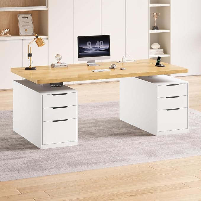 SEDETA 55" Electric Standing Desk with 6 Drawers, Adjustable Stand up Desk with Storage, Computer Desks with Power Outlets for Home Office, White + Oak