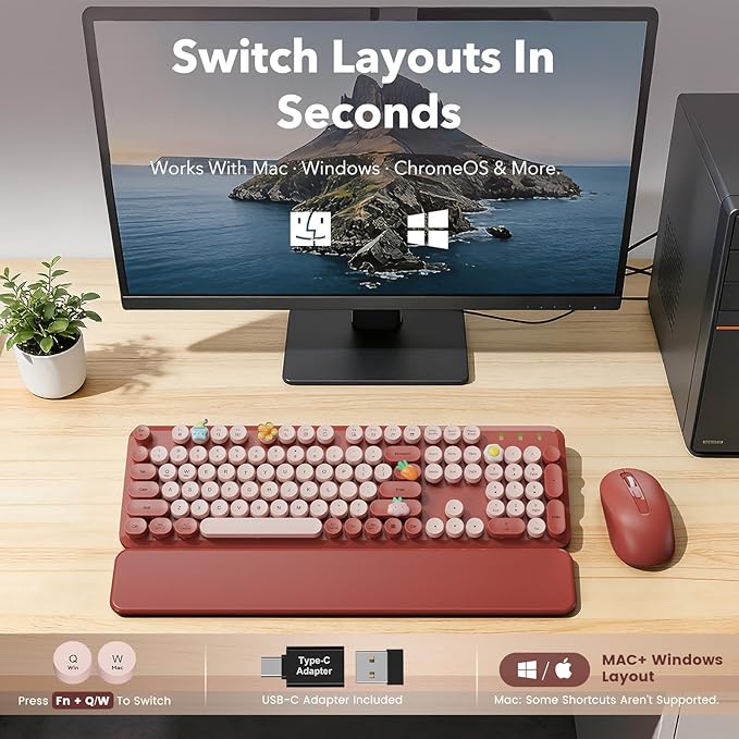 Wireless Keyboard and Mouse Combo, Wine Red Retro Typewriter-Style Keyboard with Round Keycaps and Magnetic Wrist Rest, 2.4G USB Wireless for Windows PC Laptop Desktop, Home Office School Essentials