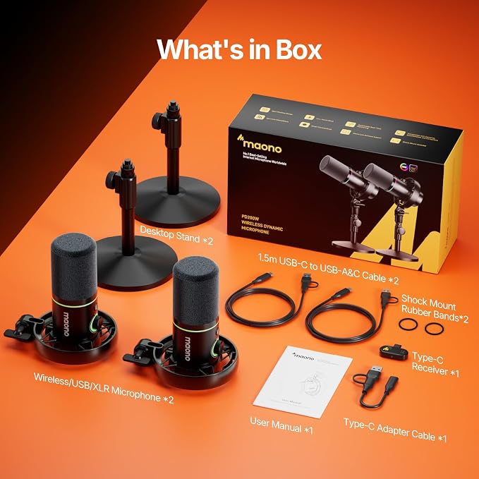 MAONO PD200W Hybrid Wireless Podcast Equipment Bundle for 2, XLR USB Dynamic Microphone Kit with 2 Desktop Stand, Software, Noise Cancellation, for Co-hosted podcast, Vocal Recording, Content Creation