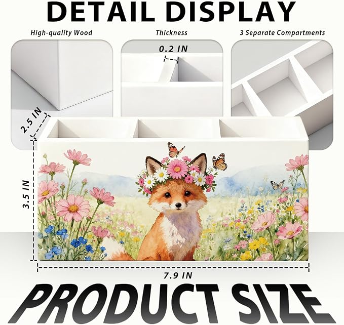Fox Pen Pencil Holder for Desk Accessories, Fox Gifts for Women, Animal Lovers Gifts, Rustic Butterfly Flower Wild Animal Wooden Box Sign Decorations for Kids Room Home Office Desk Tabletop