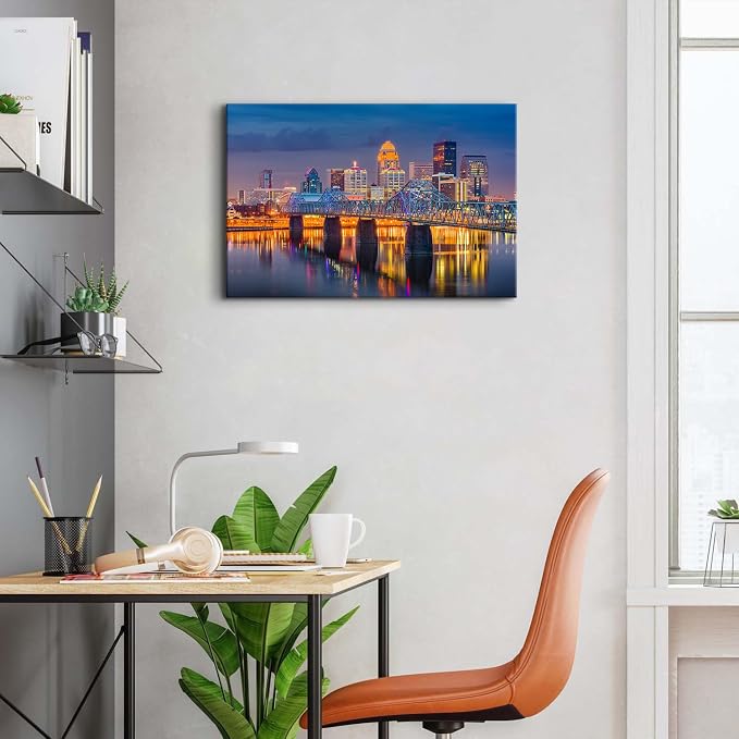 Modern USA Cityscape Canvas Wall Art for Bedroom Downtown Louisville in Kentucky Night Scenery Wall Decor Dining Room 16X24" Colorful Lights Building Skyline Panoramic Artwork Bathroom Home Decoration