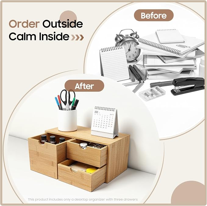 Desk Organizer, Office Vanity Bamboo Desk Organizer, Mini Bamboo Desk Drawer Tabletop Storage Box with 3 Drawer Night Stand Table Organizer for Makeup Vanity Office Supplies (3 Drawer, 1 Left+2 Right)