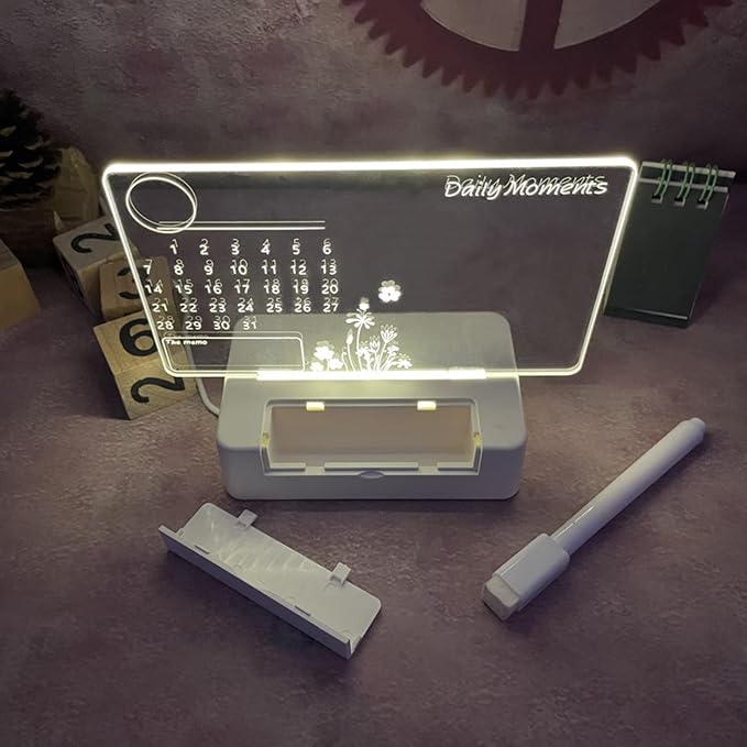 Clear Acrylic Desk Calendar LED Night Light with Stand Erasable Marker for Office Desk Memo Board To-do-list Board