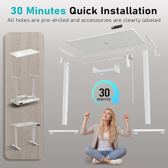 35" Electric Standing Desk, Small Sit Stand up Desk, White | Height Adjustable Computer Desk for Home Office, Compact Work & Gaming Desk with Cable Management and Stable Steel Frame