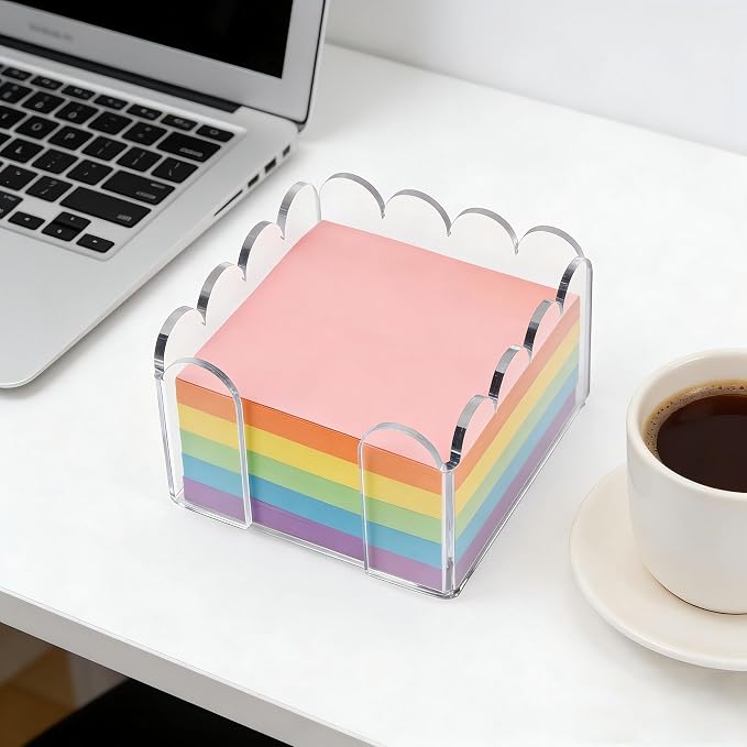 3x3 Inch Scalloped Acrylic Sticky Note Holder, Clear Cute Post It Note Dispenser, Notepad Holder with Wave Design, Thick Acrylic Desk Organizer for Office, Home, Dorm, Classroom