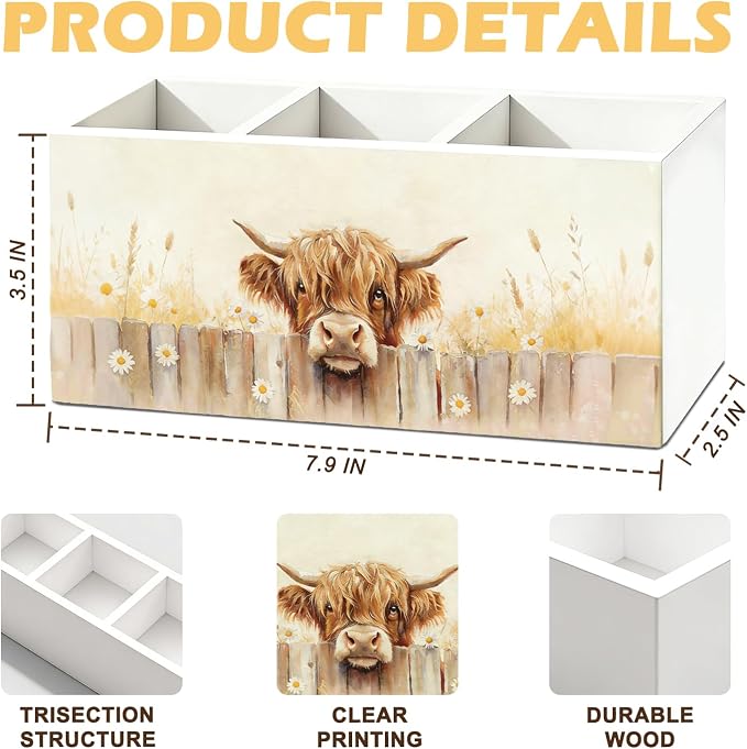 Highland Cow Pen Pen Pencil Holder for Desk, Highland Cow Gifts, Western Farm Animal Wildflower Wooden Box Sign Organizer for Home Office Bedroom Desk Accessories Tabletop Decorations