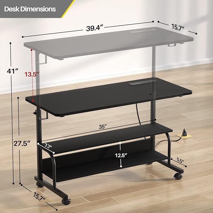 Armocity Rolling Standing Desk with Charging Station, Portable Height Adjustable Mobile Computer Desk with Wheels & 2-Tier Shelves & Hooks, Easy Assembly Laptop Table for Couch Bed, 39" Black