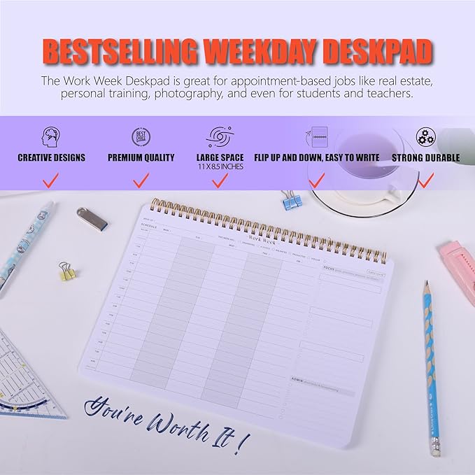 Weekly To Do List Planner with Hourly Schedule - A4 Workweek Desk Pad, 54 Sheets Weekday Planning Notepad, Workday Appointment Planner Book to Organize Your Daily Productivity - Undated Agenda