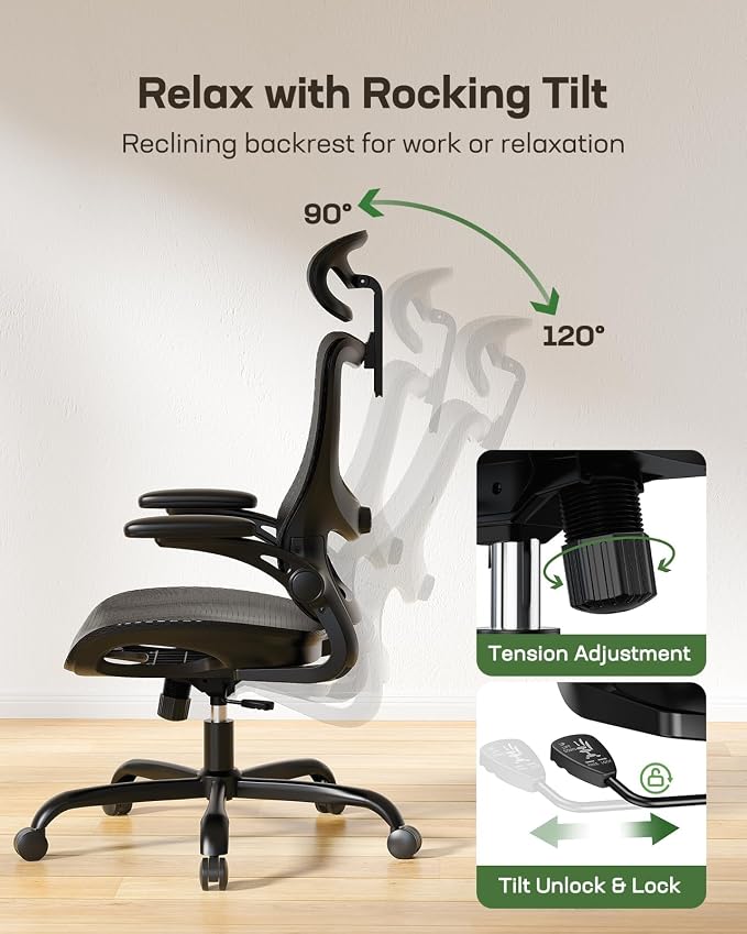 Marsail Ergonomic Mesh Office Chair with Adjustable Lumbar Support, 2 | 3D flip-up armrests, 2D headrest, breathable mesh back, reclining function, smooth-rolling casters, height adjustment