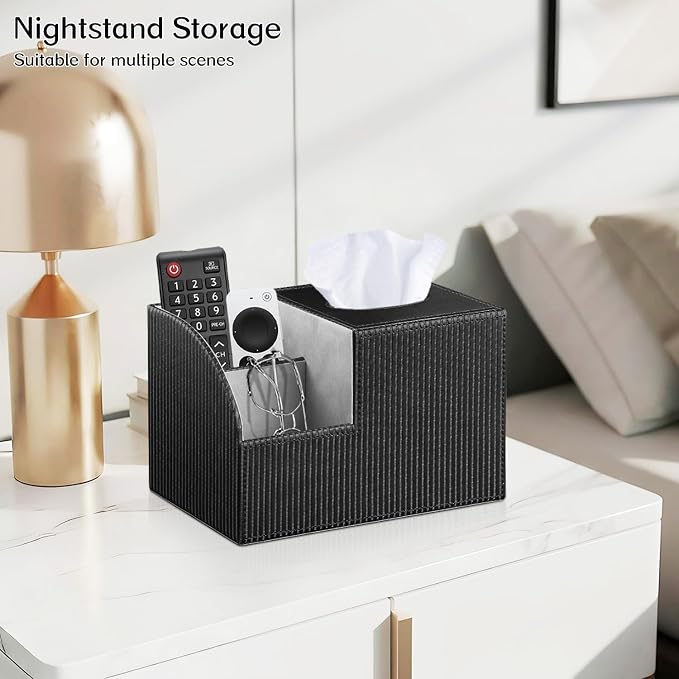 Square Tissue Box Cover with Storage, PU Leather Facial Cube Tissue Holder | Multifunction Remote Control Holder, Nightstand Organizer, Modern Desk Caddy for End Table Bathroom, Home, Office Decor
