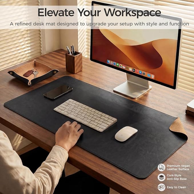 Premium Faux Leather Desk Mat & Tray Set,Innovative Cork-Look Printed Base,Gift Tube Packaging,Full-Desk Coverage,Non-Slip Desk Pad for Office Home(Classic Black)