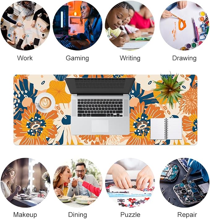 QiyI Large Desk Pad, Floral Mouse Pad Desktop Decor, Waterproof PU Leather Desk Cover Protector, Desk Accessories for Office Home Work Writing Gaming 31.5" x 11.8" - Orange Blue Flowers
