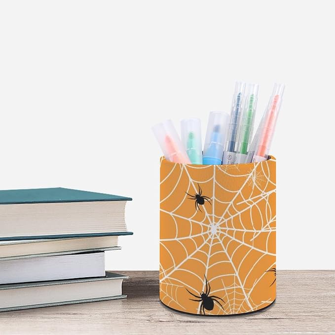 Spider Web Pen Holder for Desk PU Pencil Cup Organizer | Round Desks Makeup Brush Holder for School Multifunctional Office Supplies