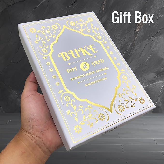 BUKE Dotted Notebook - Cotton Fabric Hardcover - 160gsm Thick Bamboo Paper - A5 Size Dotted Journal - 5x5mm DOT GRID Layout 160 Pages With Gift Box (BKC-2B)